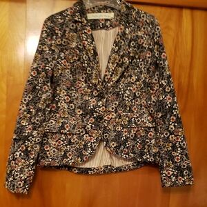 Anthro Elegant Blue, Red, Chartreuse White Velvet Floral Blazer Notched Lapels